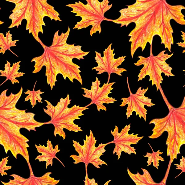 Maple leaf seamless pattern. Leaves on a black background. Vintage pattern. Abstract background with autumn leaves. Aesthetic design for content on social networks, postcards, textiles, wallpapers.