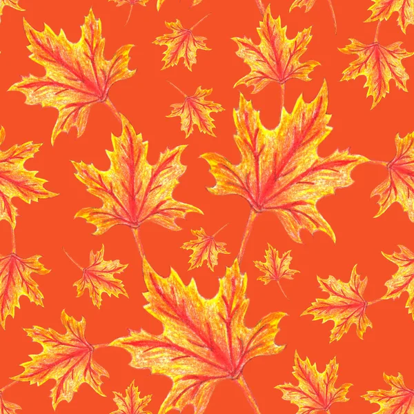 Bezszwowy wzór liści klonu. Liście na pomarańczowym tle. Zabytkowy wzór. Streszczenie tła z jesiennymi liśćmi. Projektowanie treści estetycznych w sieciach społecznościowych, pocztówkach, tekstyliach, tapetach. — Zdjęcie stockowe