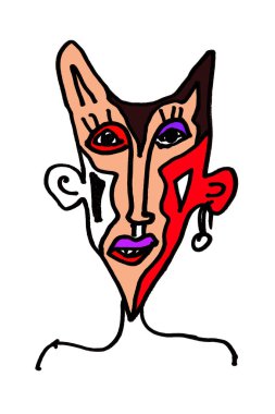 Yabancı bir yüzün izole çizimi. Güzel ve modaya uygun bir çizgi film yüzü. Paranormal fantezi amblemi. Yabancı bir yüzün Raster görüntüsü. Yaratığın yüzü. Çok renkli bir canavarın Cadılar Bayramı görüntüsü