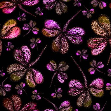 Seamless background. St. Patrick's Day symbol - clover shamrock. Clover seamless pattern. Natural lilac-black background.Can be used as a seamless texture for wallpapers, textiles, cards, clothes