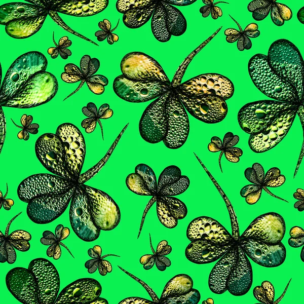 Día de San Patricio, fondo abstracto brillante con hojas de trébol y gotas brillantes. Patrón sin costuras de trébol. Fondo abstracto natural. Shamrocks sobre un fondo verde. Textura, papel pintado —  Fotos de Stock