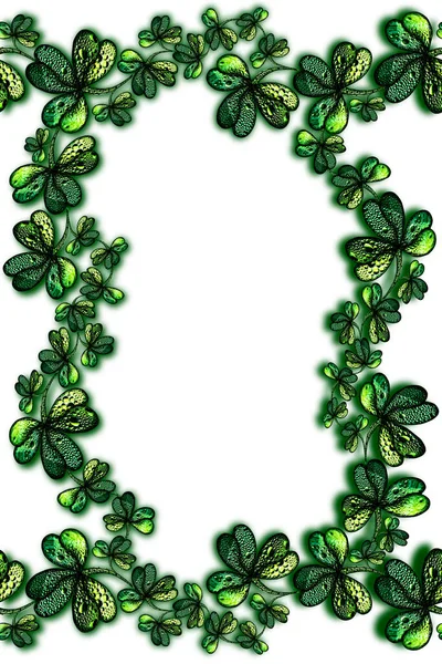 Green frame for St. Patrick s day with a pattern of clover leaves with three leaves. Clover leaves a frame with open space for text. Irish festival festival greeting card design background. — Stock Photo, Image