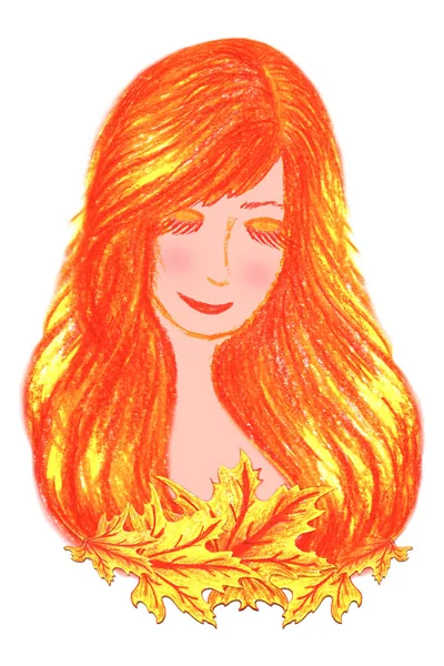 Изолированный Белом Фоне Рисунок Рыжеволосой Девушки Кленовыми Листьями Осенний Рисунок — стоковое фото
