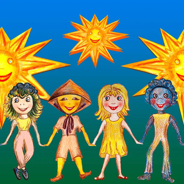 A cartoon picture of children of different nationalities holding hands in the sun. International Children's Day. We draw by hand with colored pencils children, the sun. Cartoon drawing.