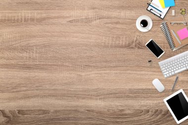 düz döşeme veya üst görünüm çalışma alanı iş ahşap masa dizüstü bilgisayar, ofis malzemeleri ve arka plan için kullanarak kahve fincanı ile