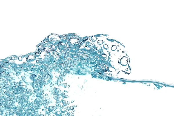 Nahaufnahme blaues Wasser, das mit Luftblasen spritzt. Frische und saubere Oberfläche Aqua fließt in Welle und sauberes Wasser auf weißem Hintergrund isoliert. Werbebild mit Freiraum für Ihre Arbeit — Stockfoto