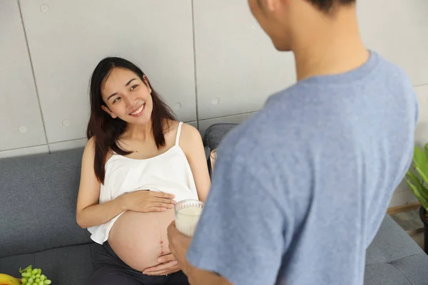 Rear View Young Asian Healthy Husband Pregnant Woman Smile While — Stock Photo, Image