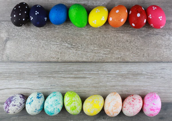 Group Colorful Decorated Easter Eggs Vintage Wooden Table Background Advertising — Stock Photo, Image