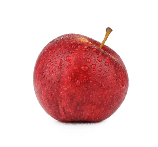 Φρέσκο Κόκκινο Μήλο Νερό Πέφτει Απομονωμένο Λευκό Φόντο — Φωτογραφία Αρχείου