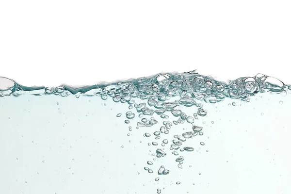 Nahaufnahme Blaues Wasser Spritzt Mit Luftblasen Auf Weißem Hintergrund Isoliert — Stockfoto