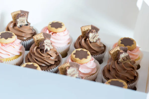 Cupcakes de chocolate e baunilha em uma caixa branca — Fotografia de Stock