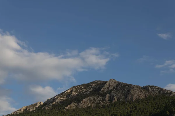 Montanha rochosa com pinheiros e nuvens — Fotografia de Stock