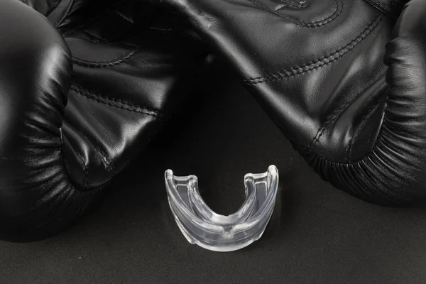 Boxing Gloves Mouth Guard Black Background Sports Product Photography — Stock Photo, Image