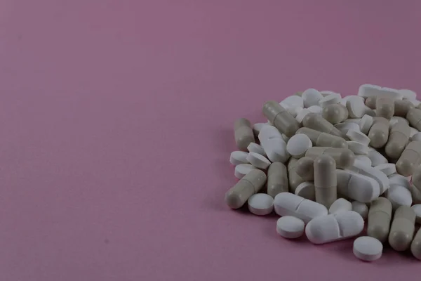 Bunch Colored Pills Mixed Together Pink Background Mixed Pain Photography — Stock Photo, Image