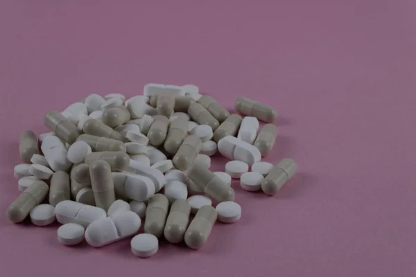 Bunch Colored Pills Mixed Together Pink Background Mixed Pain Photography — Stock Photo, Image