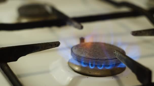 家用炉灶中的气体燃烧 燃烧气体产生的蓝色火焰 气体燃烧强度不同 强度较高 强度较小 燃烧的强度各不相同 — 图库视频影像