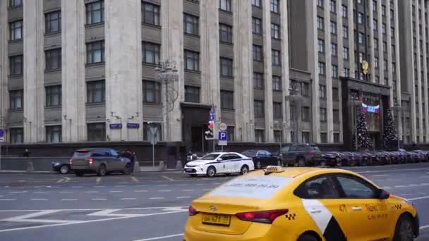 Moscow Russia January 2020 White Police Car Blue Stripe Sparkling — Stockvideo