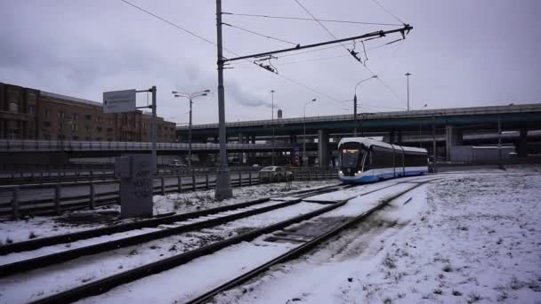 Moskou Rusland Januari 2020 Een Bewolkte Winterdag Volgt Tram Route — Stockvideo