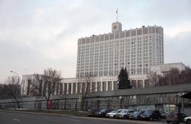 Moskova / Rusya - Şubat 01 2020: Rusya Federasyonu Hükümeti 'nin Krasnopresnenskaya seti. Moskova 'da kış günü.