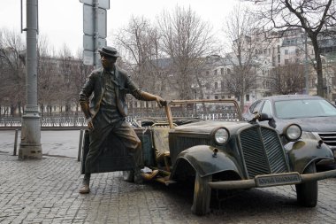 Moscow / Russia - February 02 2020: Monument to Yuri Nikulin near the circus on Tsvetnoy Boulevard. Yuri Nikulin Soviet Russian circus artist (clown), circus director, film actor, TV presenter.
