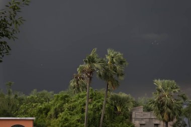 Hindistan, Batı Bengal, Barddhaman, bulutlu dramatik gökyüzü. Yağmur mevsiminde yağmur fırtınası karanlık gökyüzünü korkutur. Siyah koyu renk tonu
