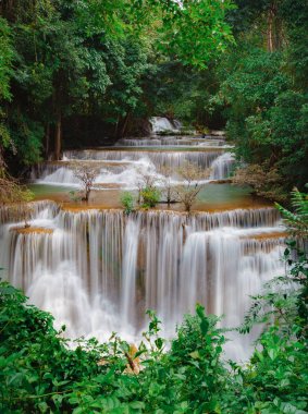 Huay Mae Kamin Şelalesi, Kanchanaburi, Tayland 'daki yağmur ormanlarındaki güzel şelale..
