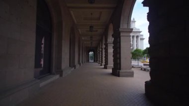 Walking through a colonnade in central Sofia, Bulgaria