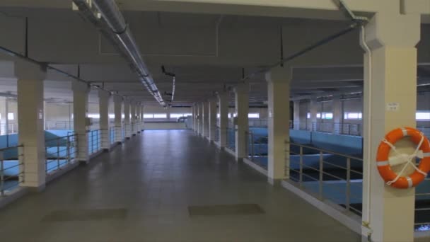 Luces que iluminan un pasillo sobre un tanque de agua en una fábrica — Vídeo de stock