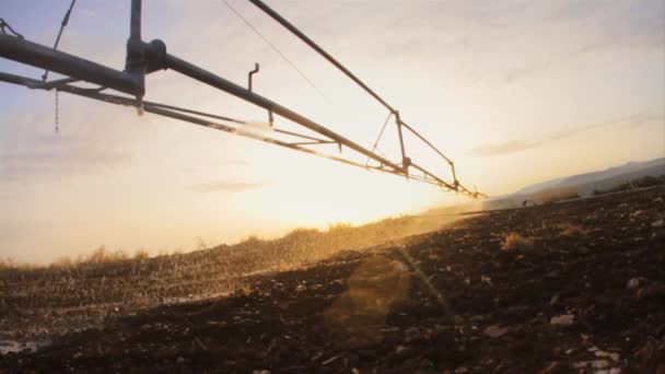 Laag schot kijkend naar de arm van een irrigatiesproeier in een veld bij zonsondergang — Stockvideo