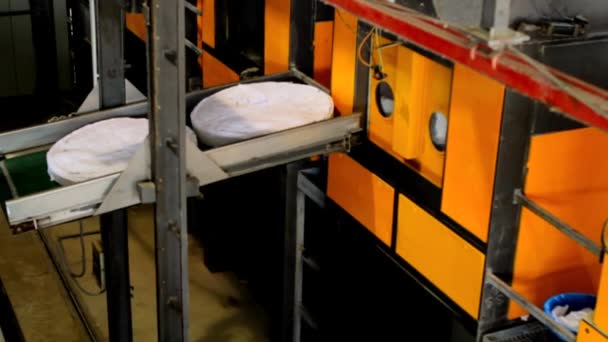 在工业清洗设施中传送压缩成捆的清洁衣物的机械 — 图库视频影像