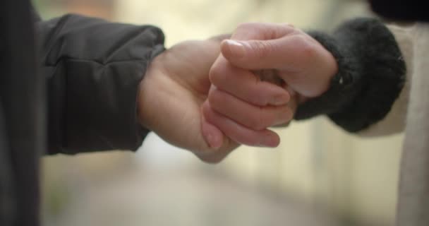 Sokakta sevgi dolu bir şekilde el ele tutuşan bir erkekle kadının yakınlaşması. — Stok video