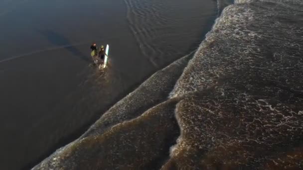 Tiro aéreo siguiendo a los surfistas caminando por la costa — Vídeo de stock