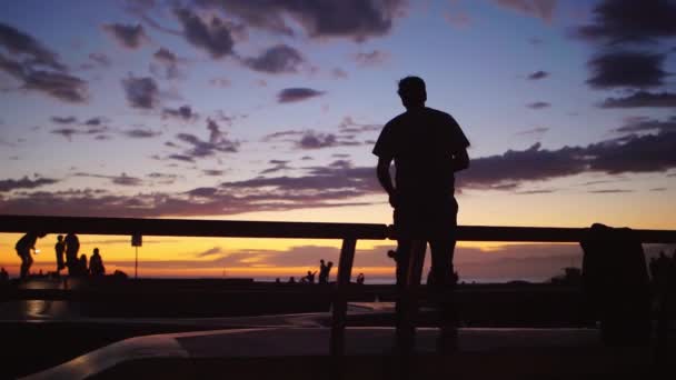 Silhuett av en skateboardåkare vid Venice Beach Skate Park, Los Angeles, i skymningen — Stockvideo