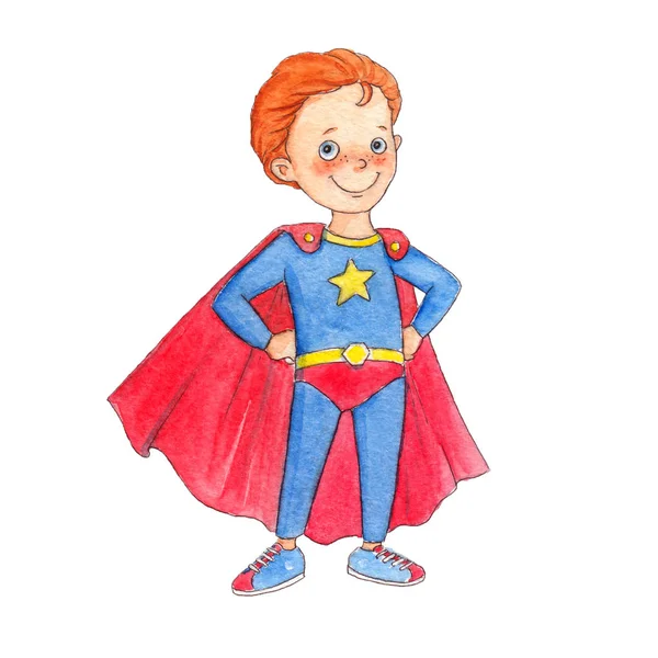 Küçük çocuk gurur poz duran ve bir süper kahraman kostümü giyen — Stok fotoğraf
