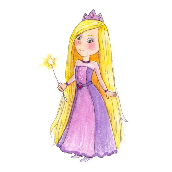 Gyönyörű rajzfilmfigura, egy kis aranyos hercegnő egy hosszú, rózsaszín és lila ruhát visel, és a gazdaság egy varázspálca — Stock Fotó