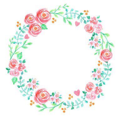 Bahar ve yaz çiçekler suluboya el boyalı çelenk