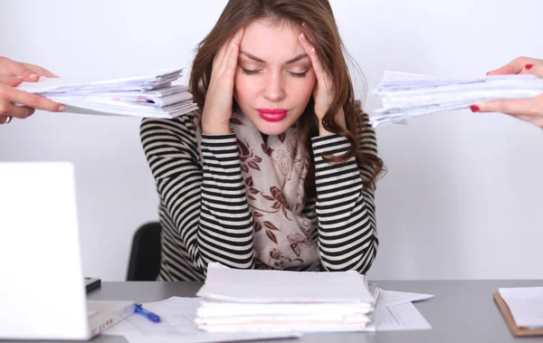 Portrait of tired young business woman with laptop computer — Stock Photo, Image