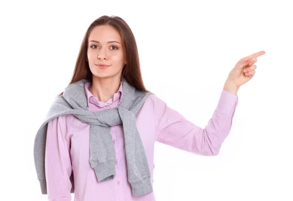 Giovane donna in piedi sullo sfondo bianco — Foto Stock