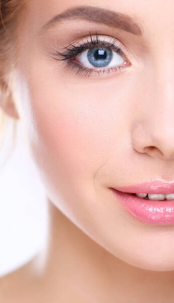 Portrait of beautiful woman on white background