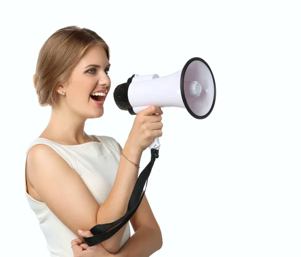 Beautiful businesswoman screaming through megaphone, isolated on white background — Stock Photo, Image