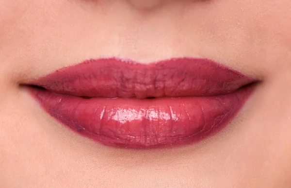 Closeup portrait of young womans lips zone make up — Stock Photo, Image
