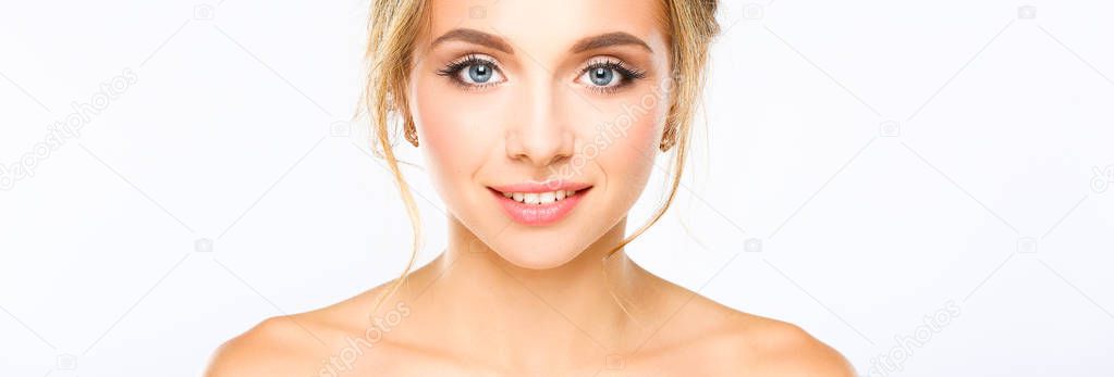 Portrait of beautiful woman on white background