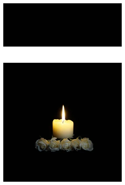Sympathy card. Frame with White roses with a burning candle on the dark  background. funeral flower Condolences card. Mood, Prayers and Deepest  Sympathy concept. Empty place for a text. Appreciation, - Stock