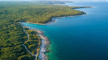 Gün ışığı zümrüt rengi su ile kayalık bir burun resmini uçak
