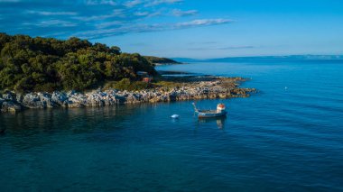 Dron, yeşil orman ve kayalık sahil sahil şeridi görünümünden