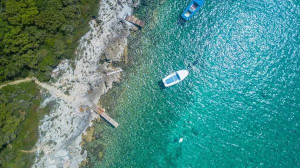 从无人机，绿色的森林和岩石海岸海岸线视图 图库照片