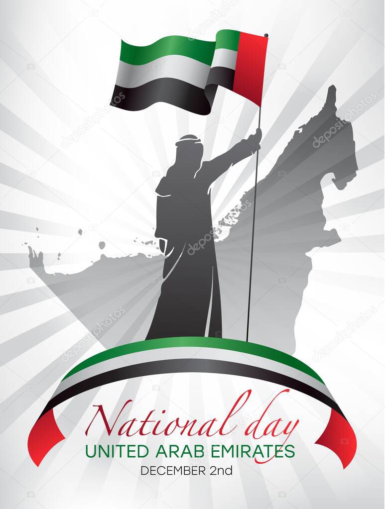 Poster design for National Day in the United Arab Emirates on December 2nd with a man holding a national flag over a silhouette map of the country with radiating beams, vector illustration