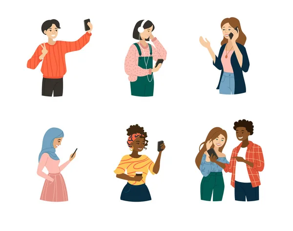 Ensemble de jeunes utilisant des téléphones intelligents — Image vectorielle