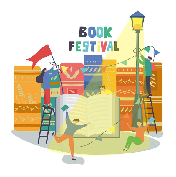 Book festival poster design with people — Stock Vector