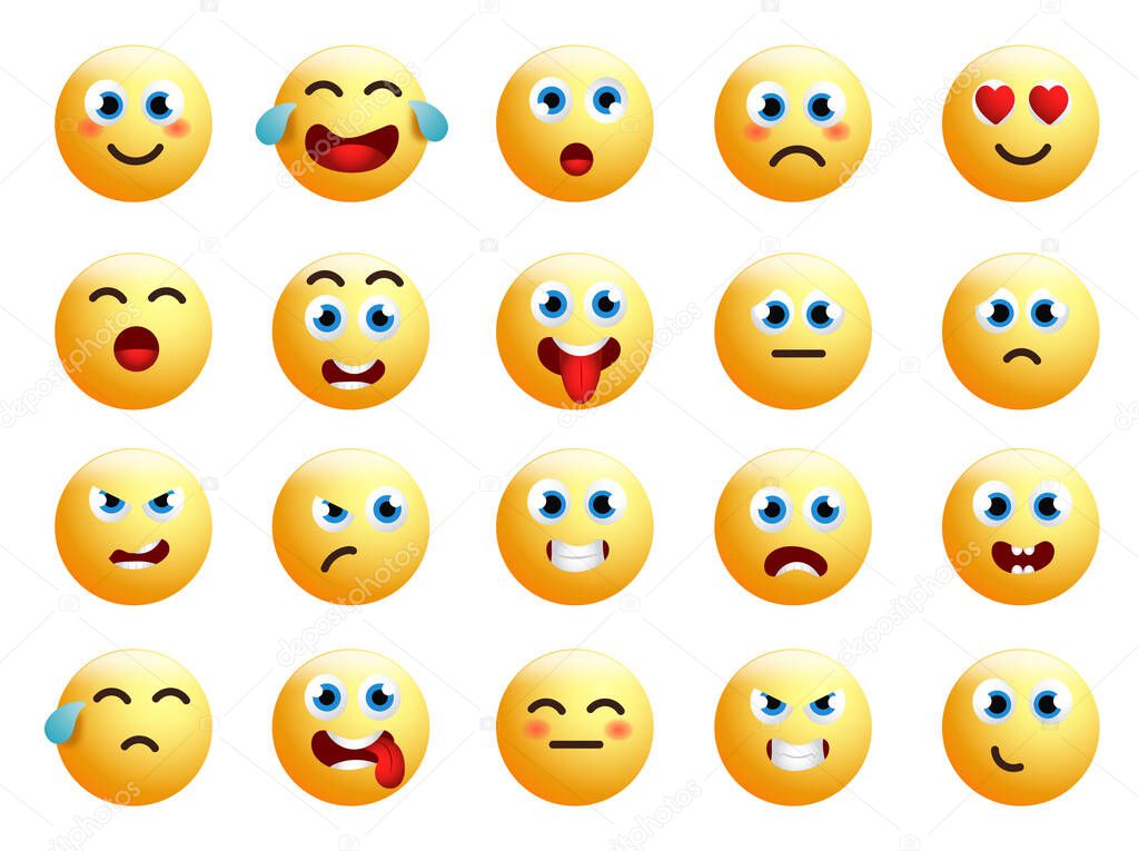 Emoticons vector set. Emoji smiling face or yellow emoticon